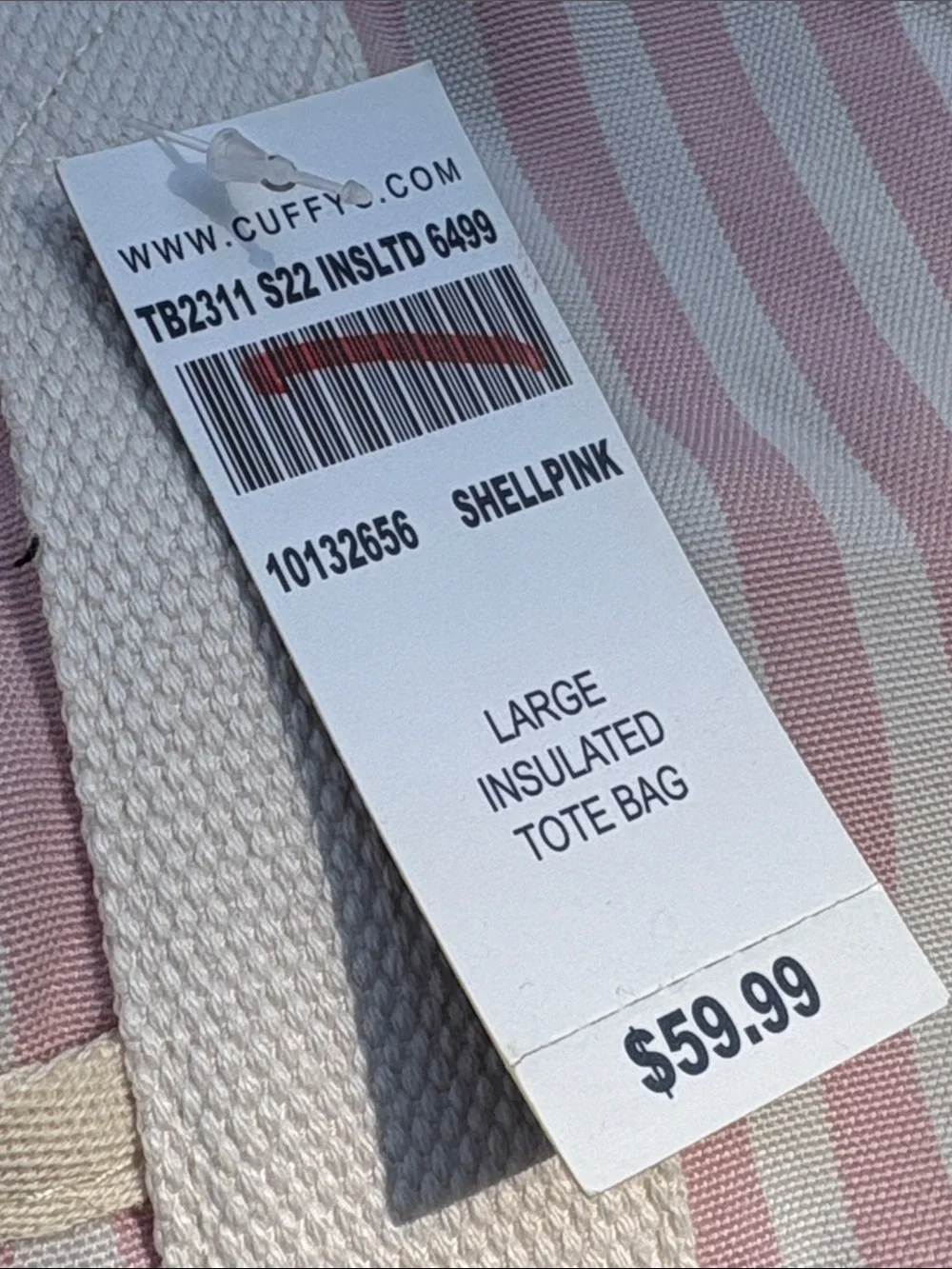 Cuffy’s Cape Cod large insulated pink stripe tote. NWT!